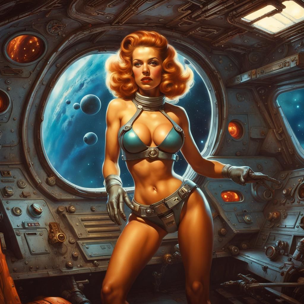 Retro Sci-Fi Pin-Up in Space, Detailed Matte Painting