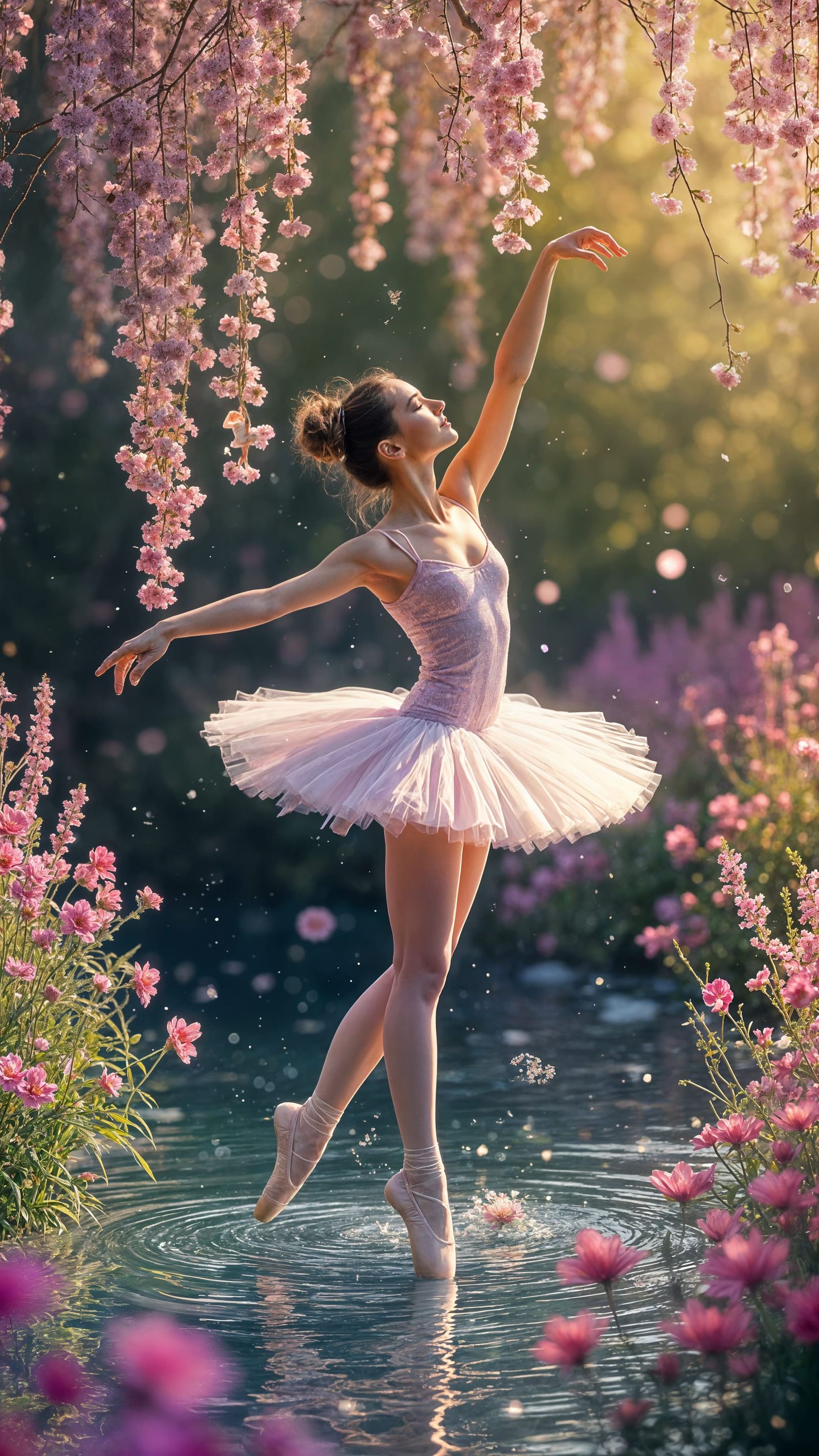 Ballerina Dancing on Water Amidst Colorful Flowers