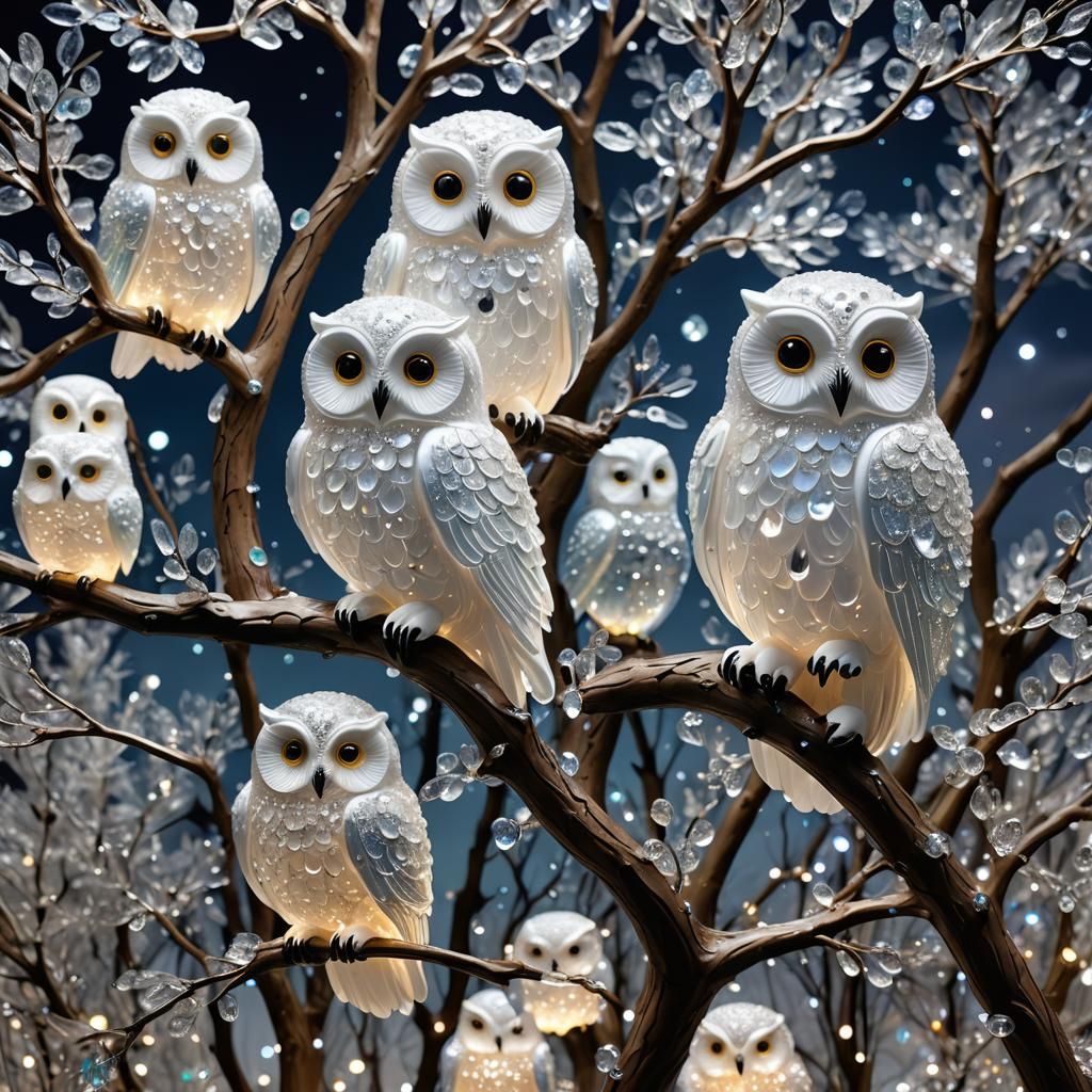 Bioluminescent Crystal Owls in Glass Art Style