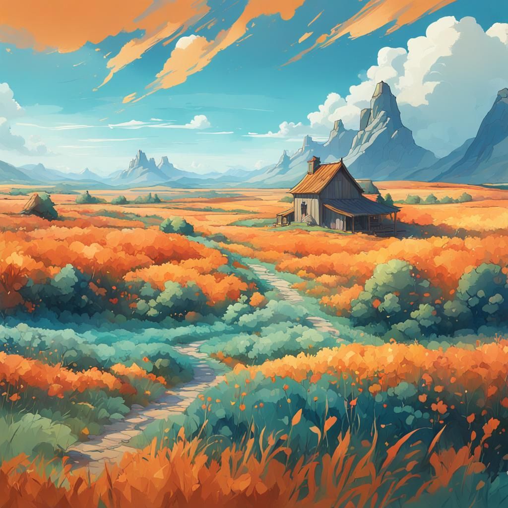 Cornfield Landscape in Watercolor Style, Celadon Tones