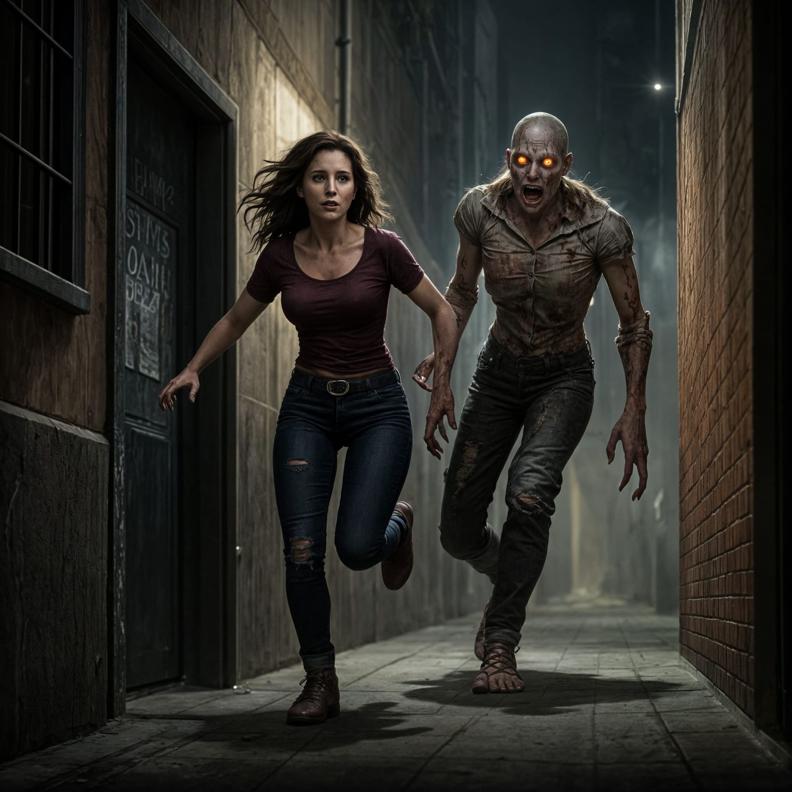 Zombie with Glowing Eyes Chasing a Woman