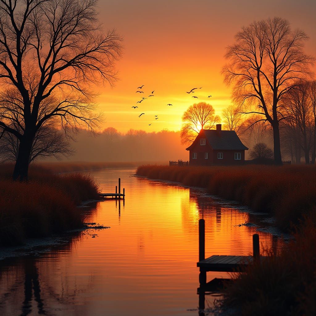 Autumnal Sunset River Scene in Warm Hues