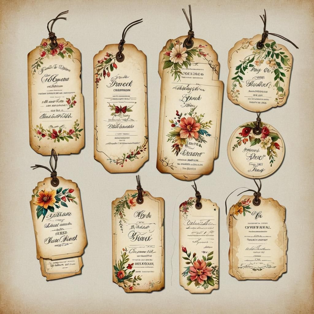 Decorated Vintage Floral Tags on Parchment