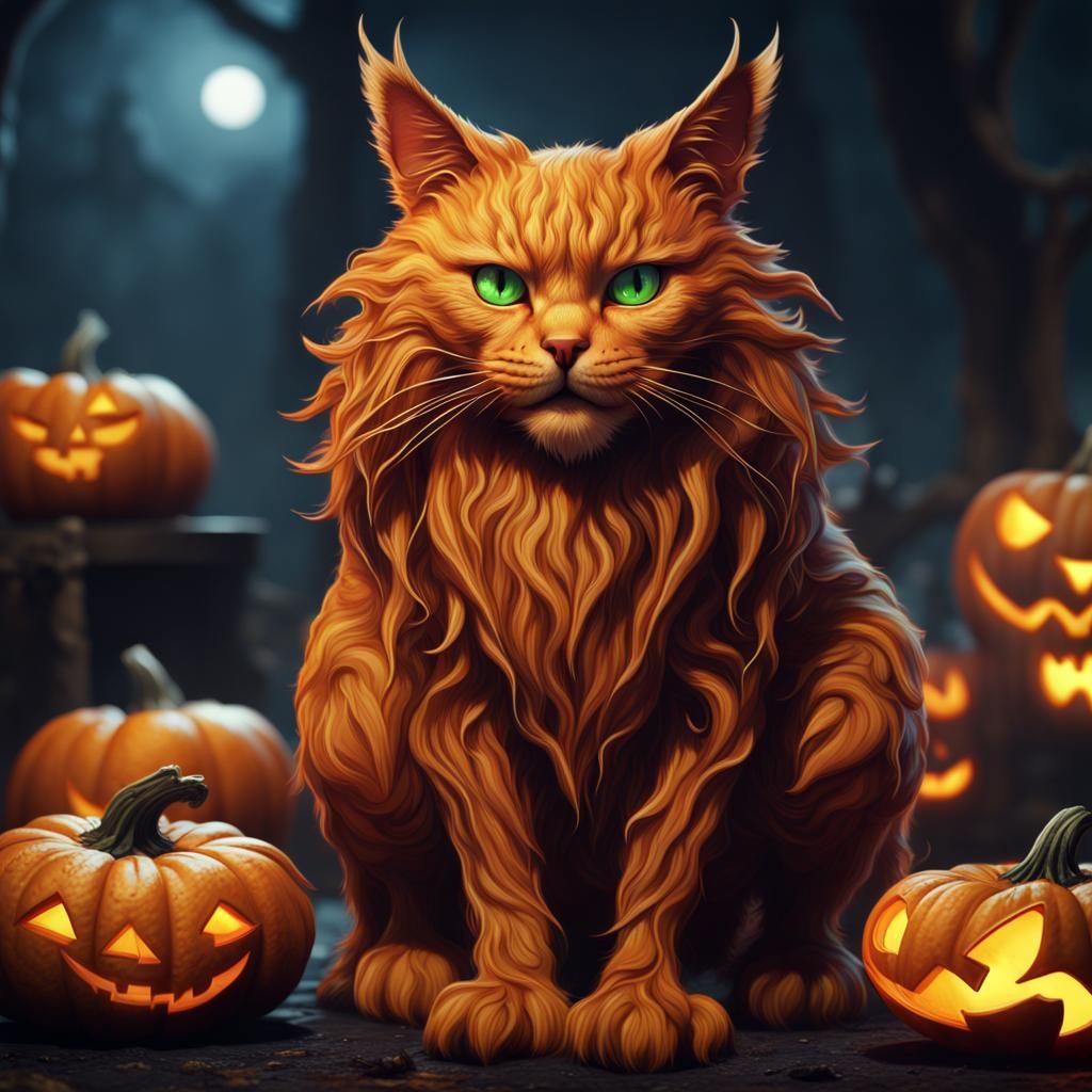 Halloween Cat as Pumpkin Monster: Digital Art