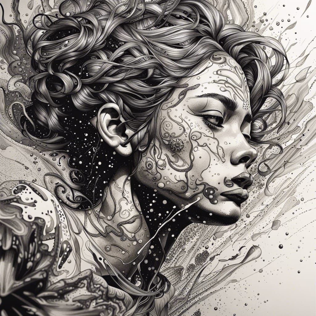Intricate Black and White Ink Drawing with Colorful Accents