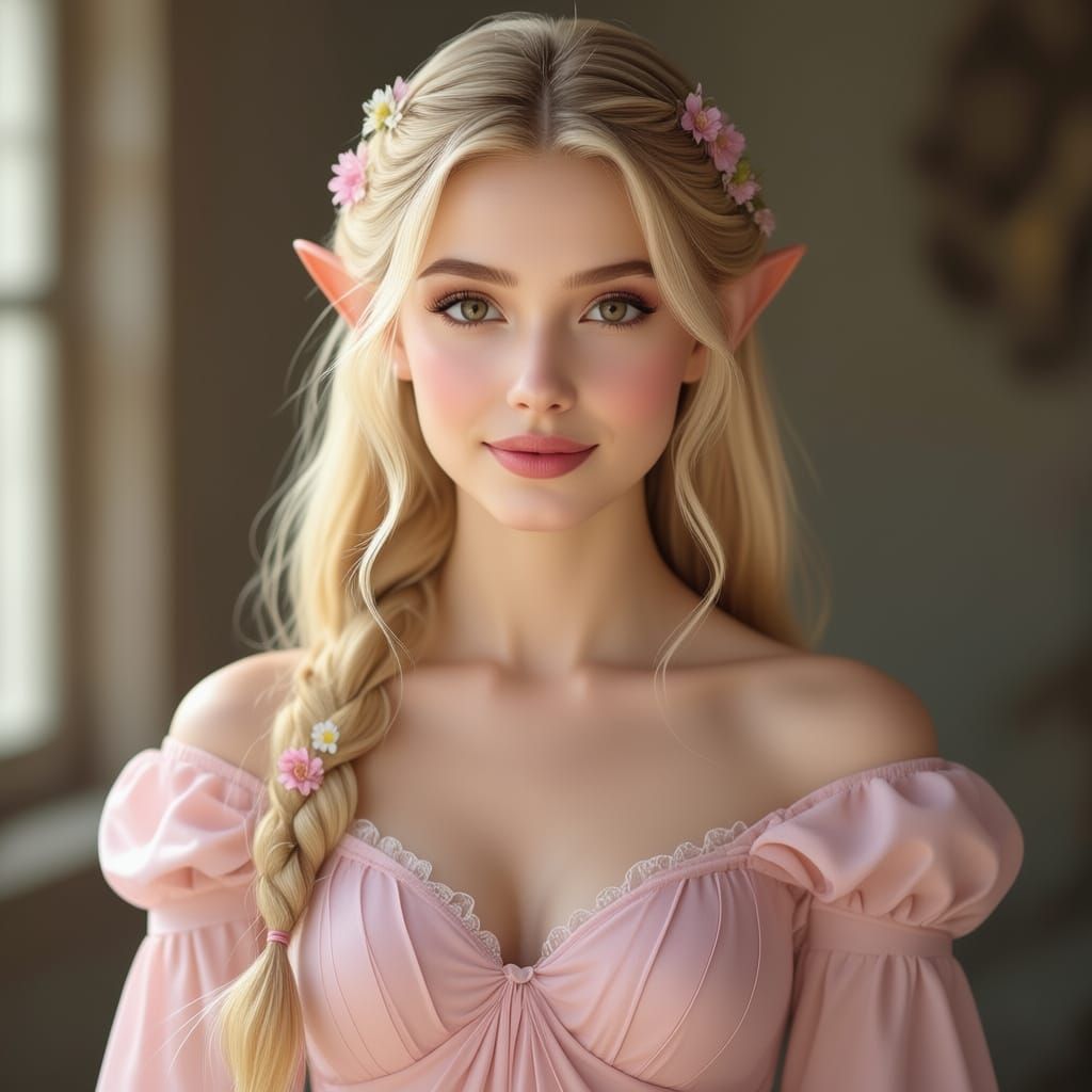 Elegant Princess with Pointed Ears in Pink Gown