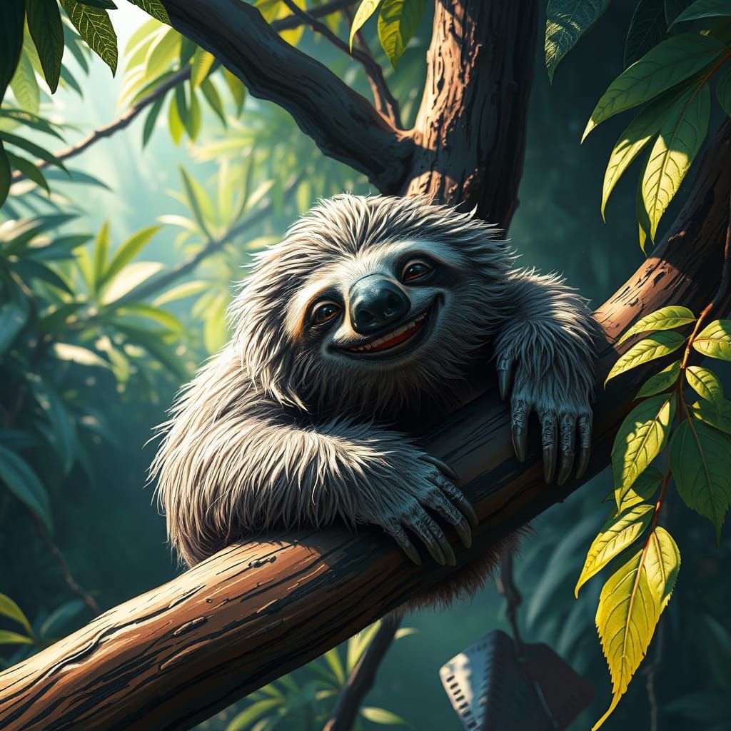 Happy Sloth with Shimmering Fur in Fantasy Matte Painting