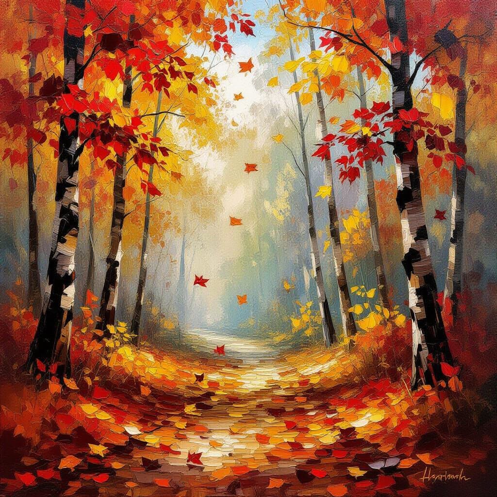 Vibrant Autumn Forest Path in Impasto Style