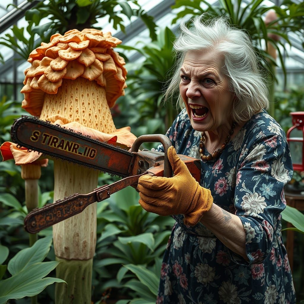 Elderly Woman Cuts Down Foul-Smelling Flower in Greenhouse