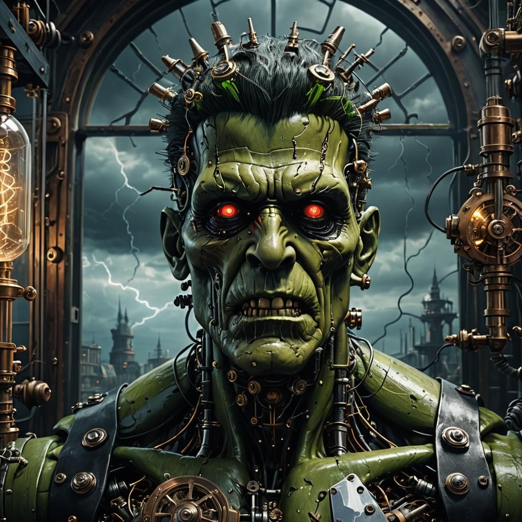 Frankenstein's Monster in Steampunk Lab with Stormy Sky