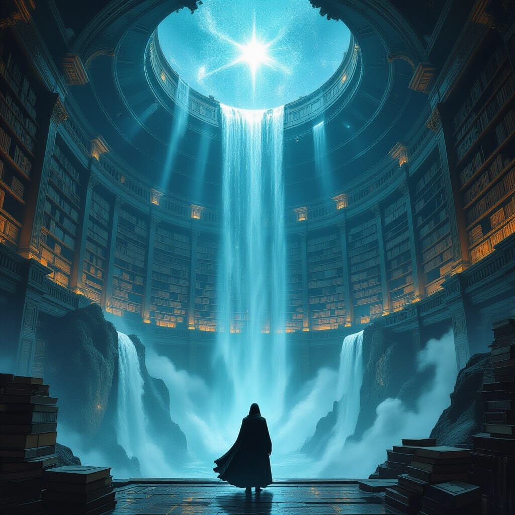 Celestial Library on Floating Island in Dark Fantasy Style