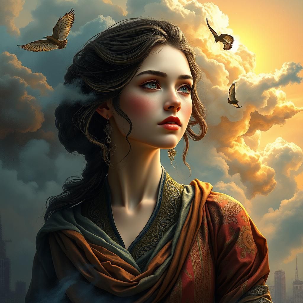 Elegant Woman Portrait with Victorian and Metallic Accents