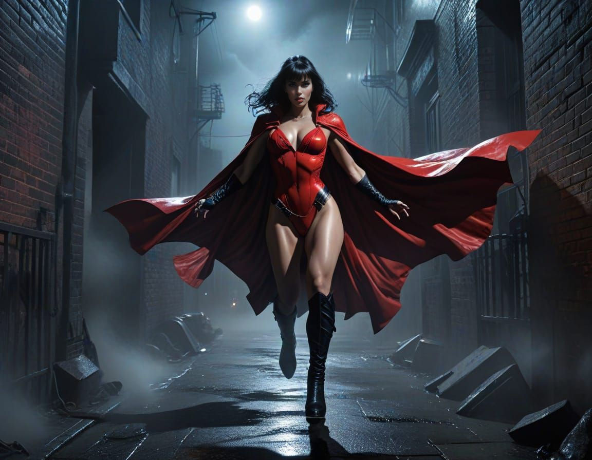 Vampirella Lands in Moonlit Alleyway Comic Art