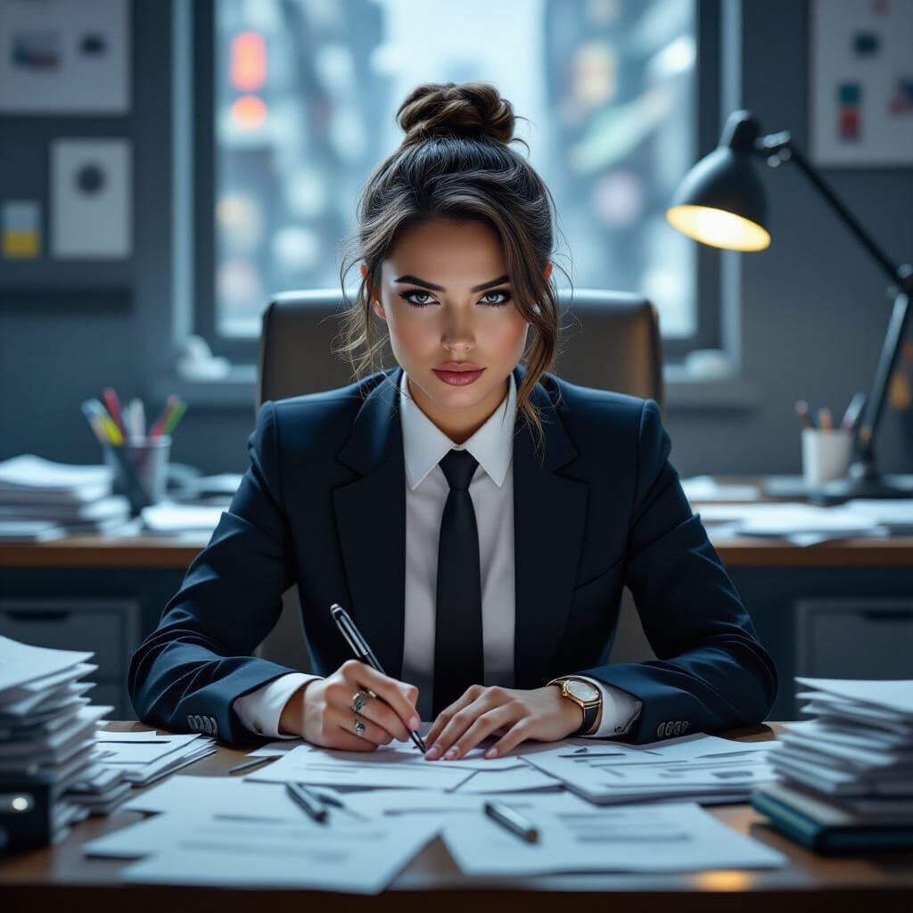 Focused Professional Amidst Clutter in Futuristic Style