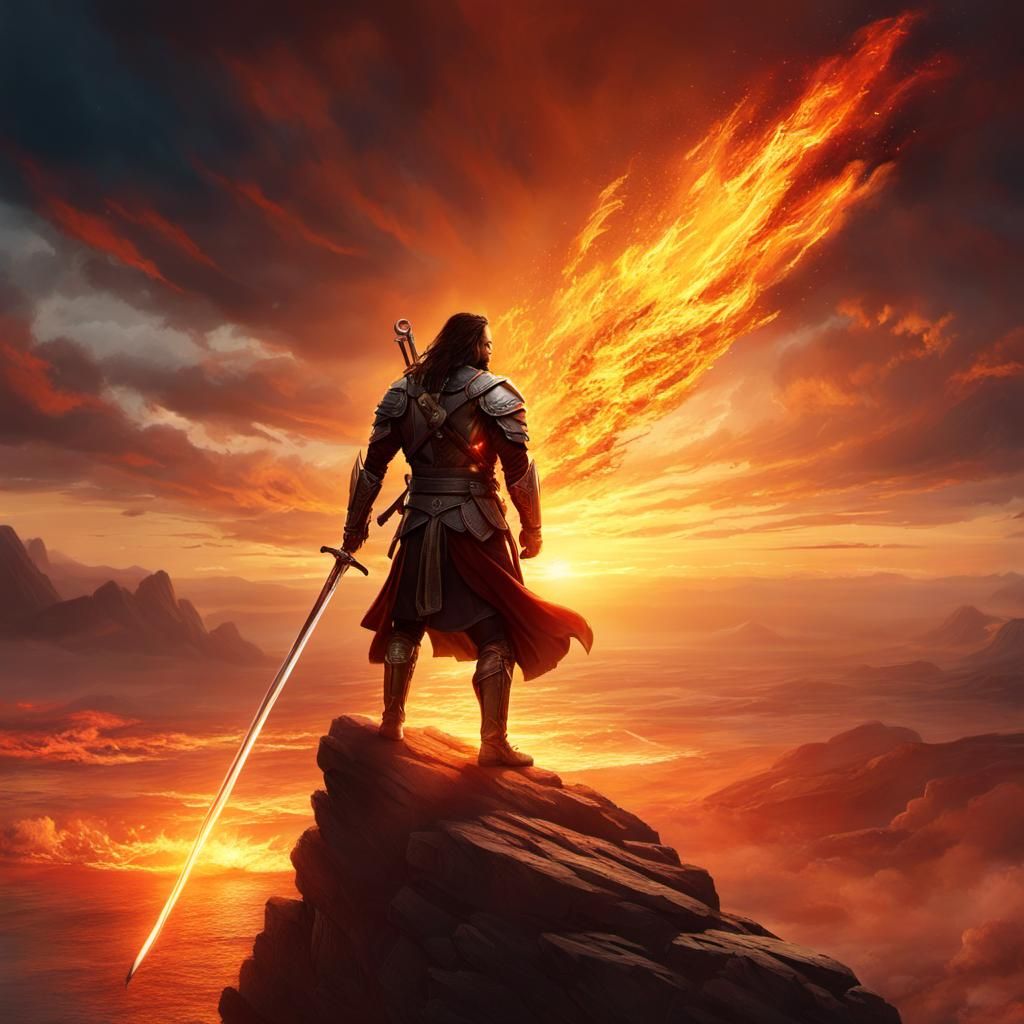 Heroic Warrior Ascends Amidst Fiery Skies