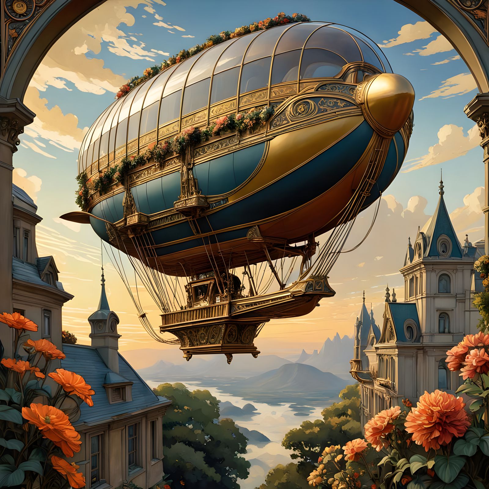 Art Nouveau Dirigible in Cloudy Sky