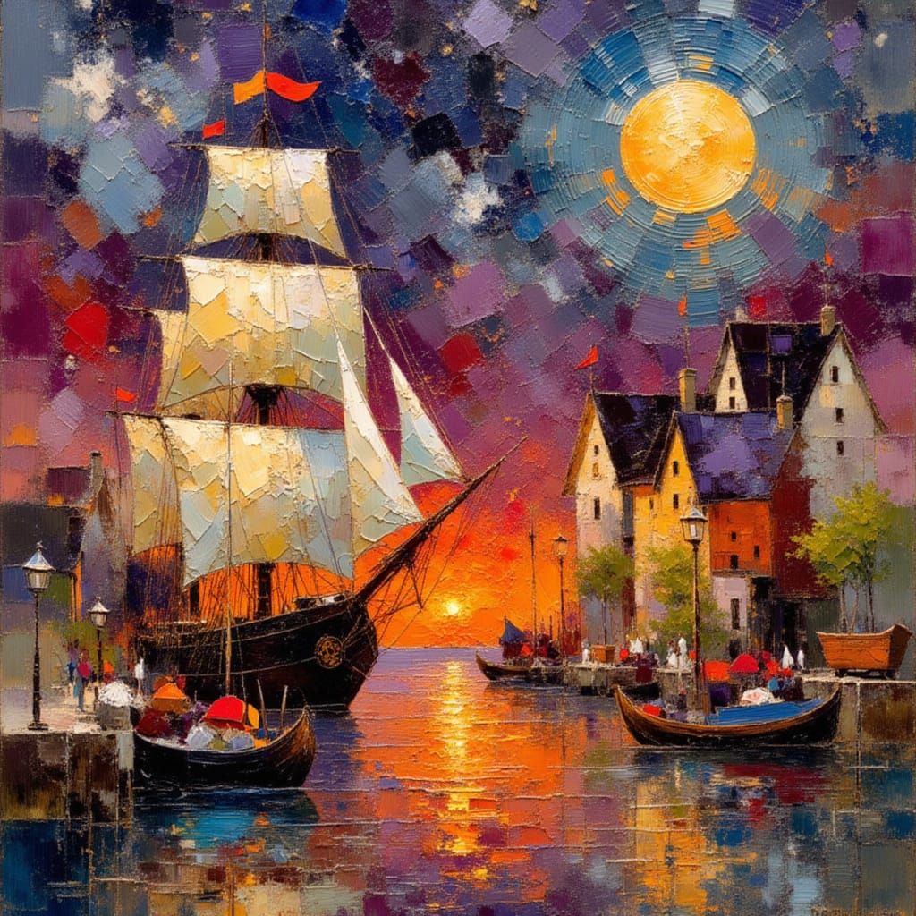 Impressionistic Sunset Harbor with Sailing Ships