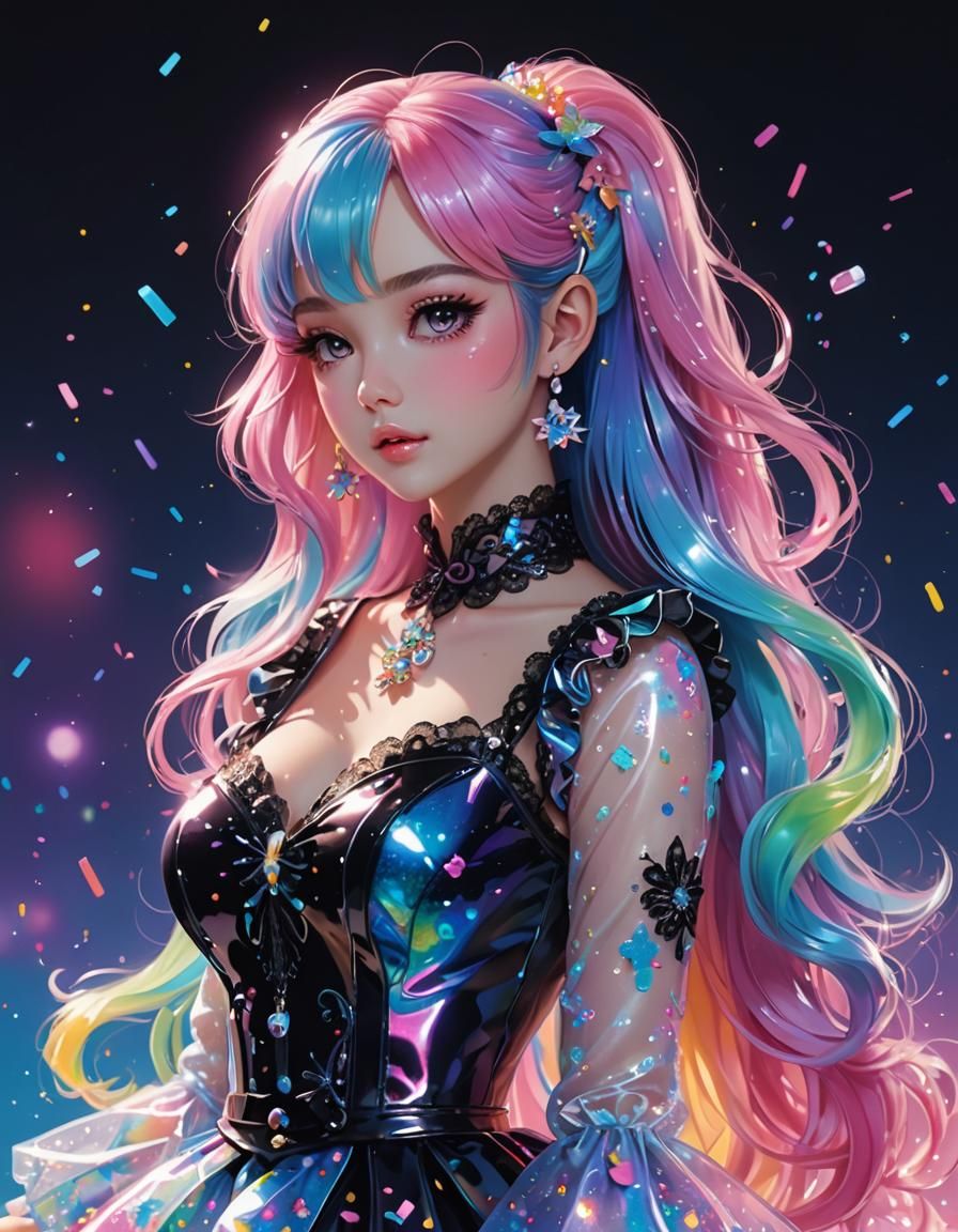 Holographic Ink Splatter Dress in Anime Art Style