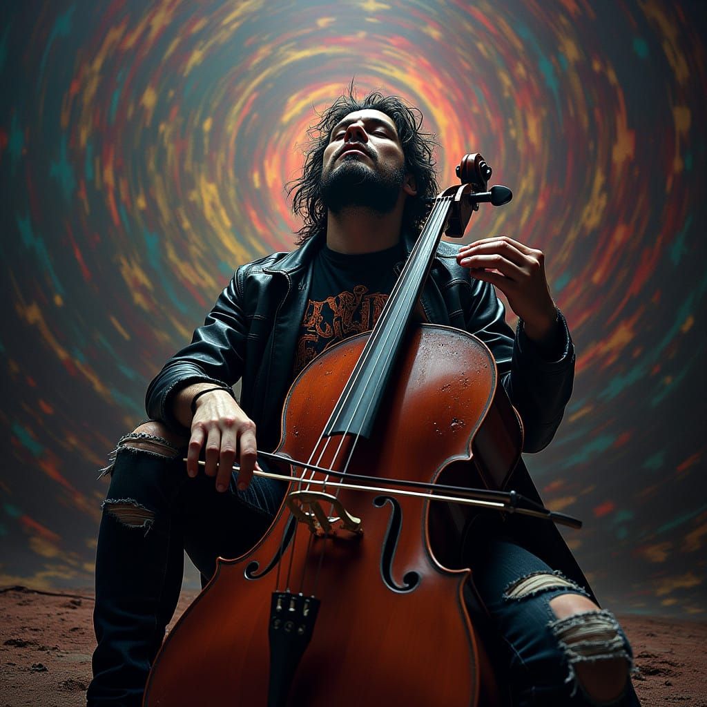 Intense Portrait of a Rock Musician in Dark Psychedelic Surr...