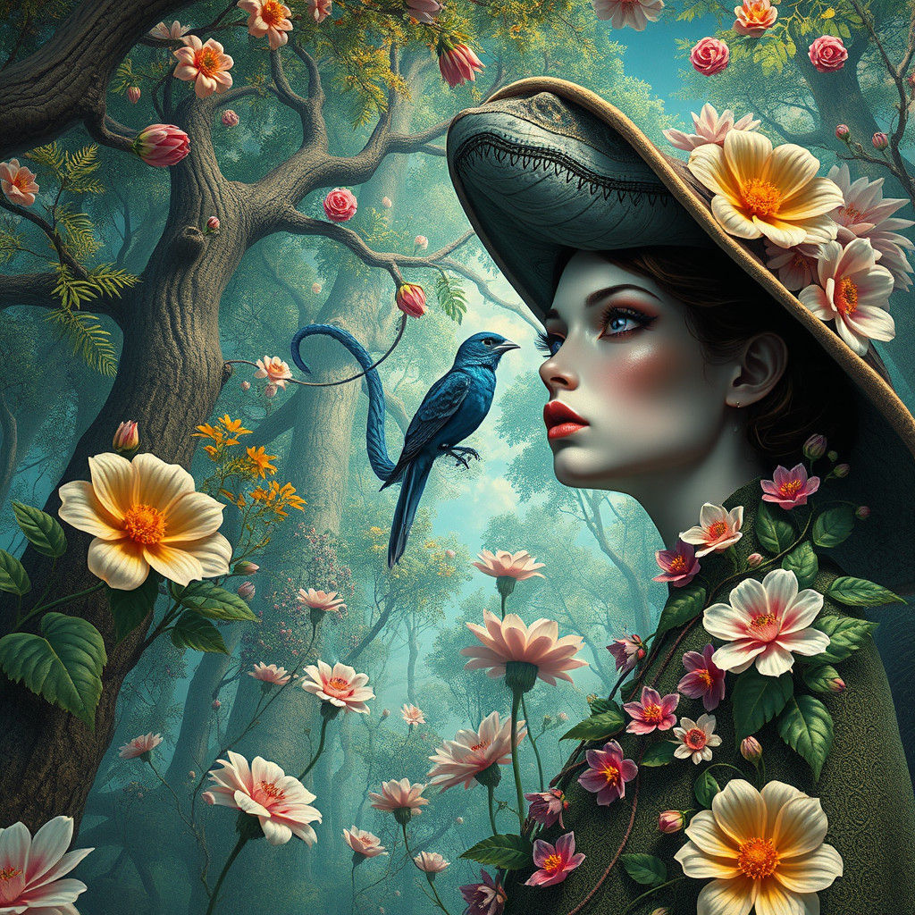 Surreal Portrait of Woman Breathing in Warped Perspective