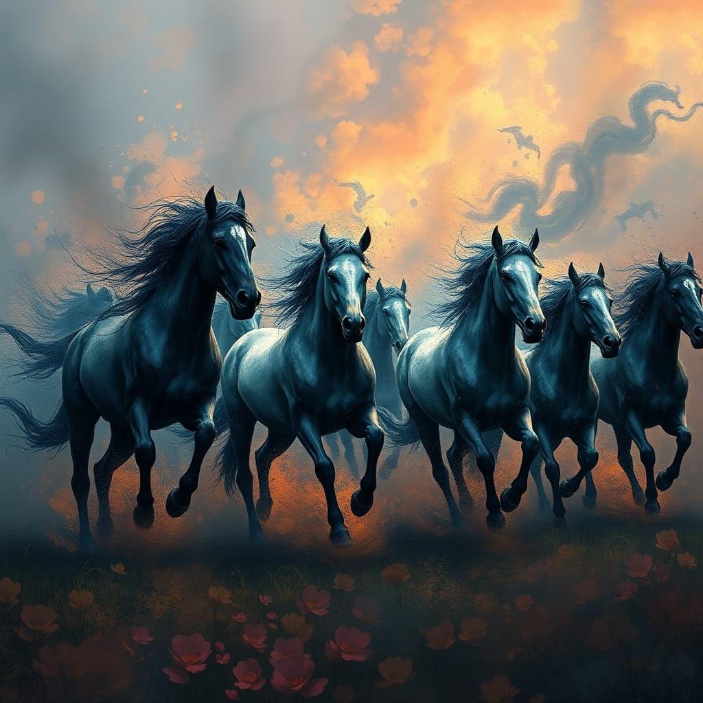 Ink Horses Running: Detailed Matte Painting