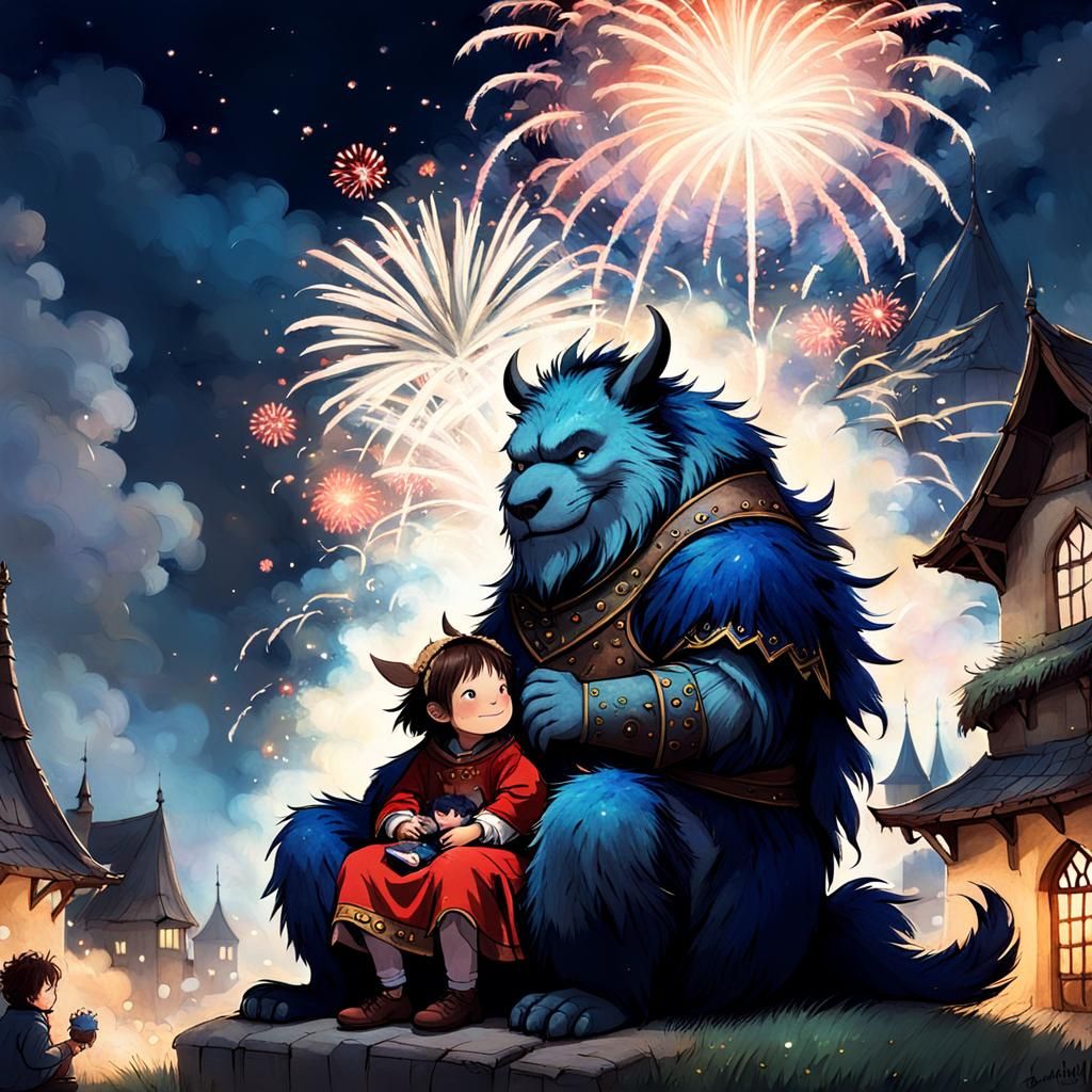 Magical Beast Watching Fireworks with Child