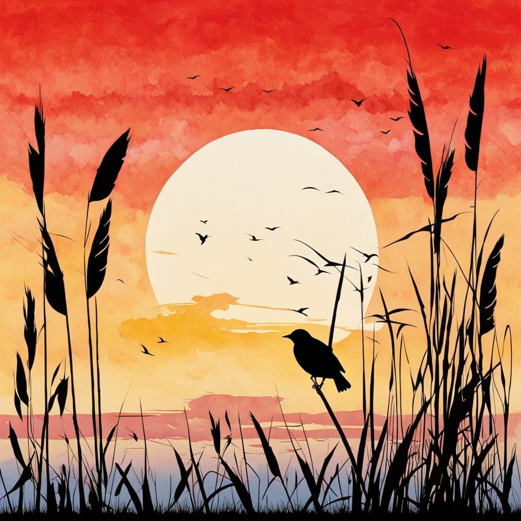 Red Winged Blackbird Silhouette in Marsh, Minimalist Art
