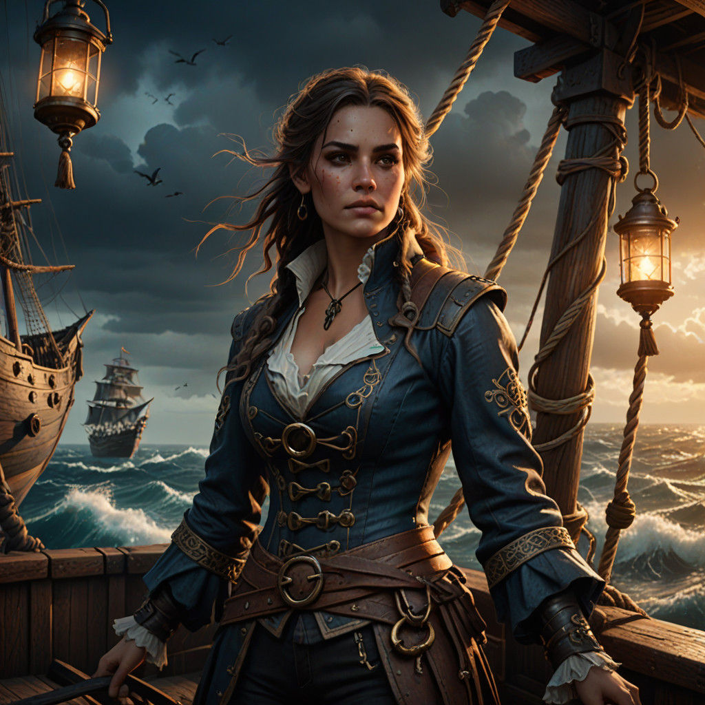 Moody Pirate Maiden Steers Ship Through Turbulent Stormy Sea...