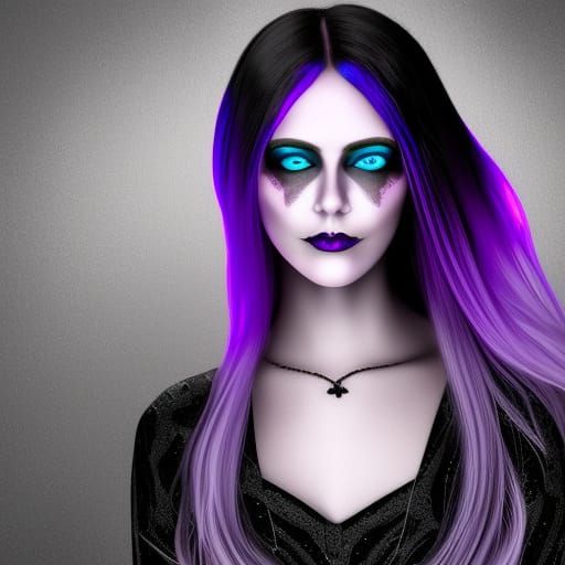 Ethereal gothic young lady with sliver hair with purple accents& Crystal blue eyes& smoky black eyeshadow& Black eyeline...