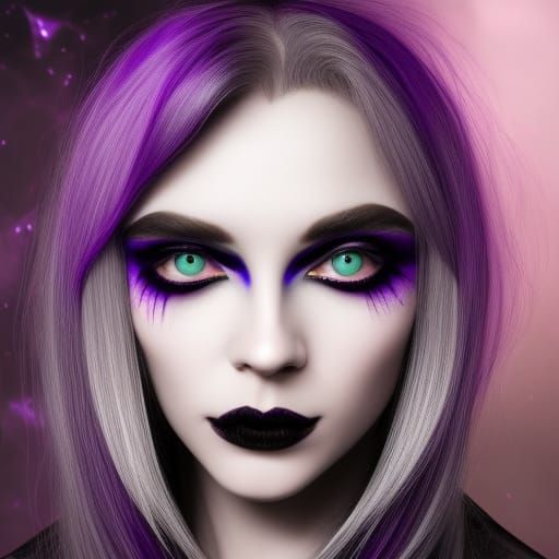 Ethereal gothic young lady with sliver hair with purple accents& Crystal blue eyes& smoky black eyeshadow& Black eyeline...