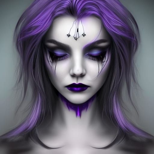 Ethereal gothic young lady with sliver hair with purple accents& Crystal blue eyes& smoky black eyeshadow& Black eyeline...