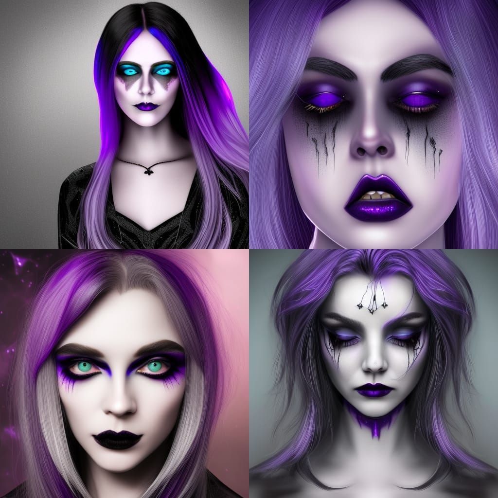 Ethereal gothic young lady with sliver hair with purple accents& Crystal blue eyes& smoky black eyeshadow& Black eyeline...