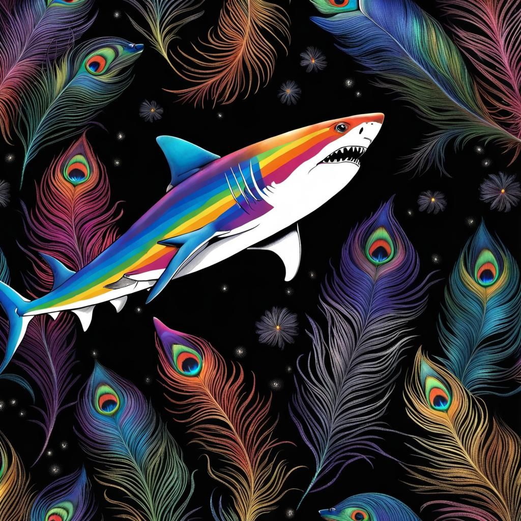 Metallic Shark in Cosmos with Peacock Feathers