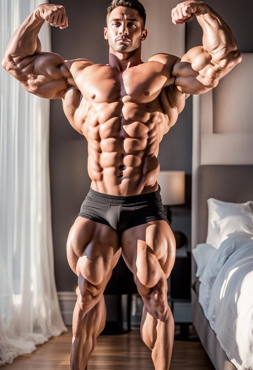 Muscular Bodybuilder Flexing in Morning Light: Photorealisti...
