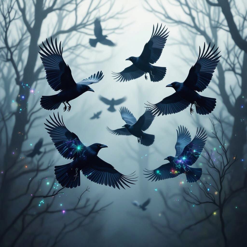 Ravens in Flight: Holographic Astral Forest Illustration