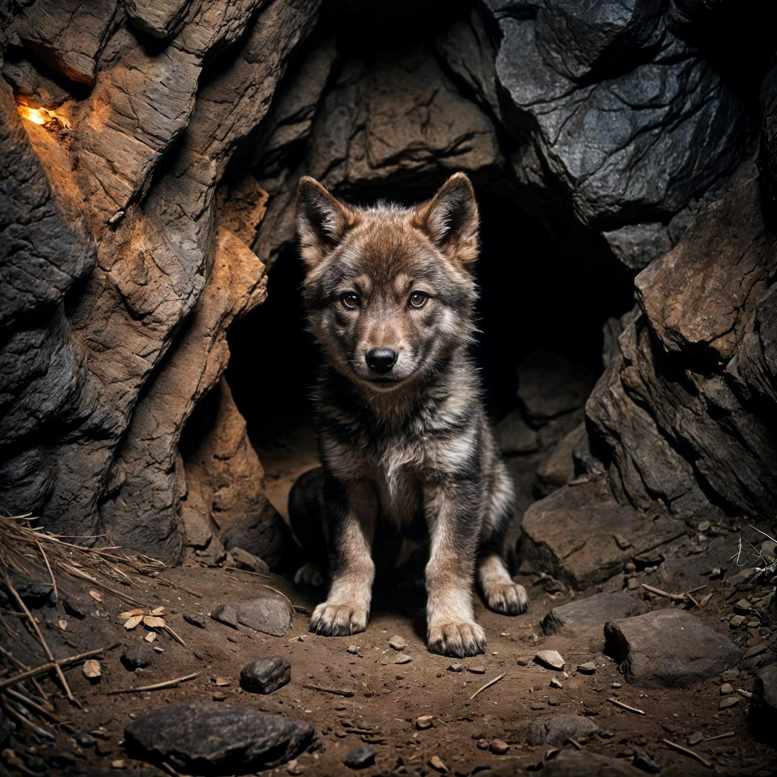 Wolf Pup in Cave with Dramatic Lighting