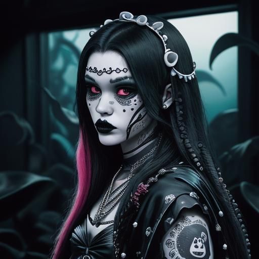 Hawaiian Vampress in Goth Coffee Shop, Black and White