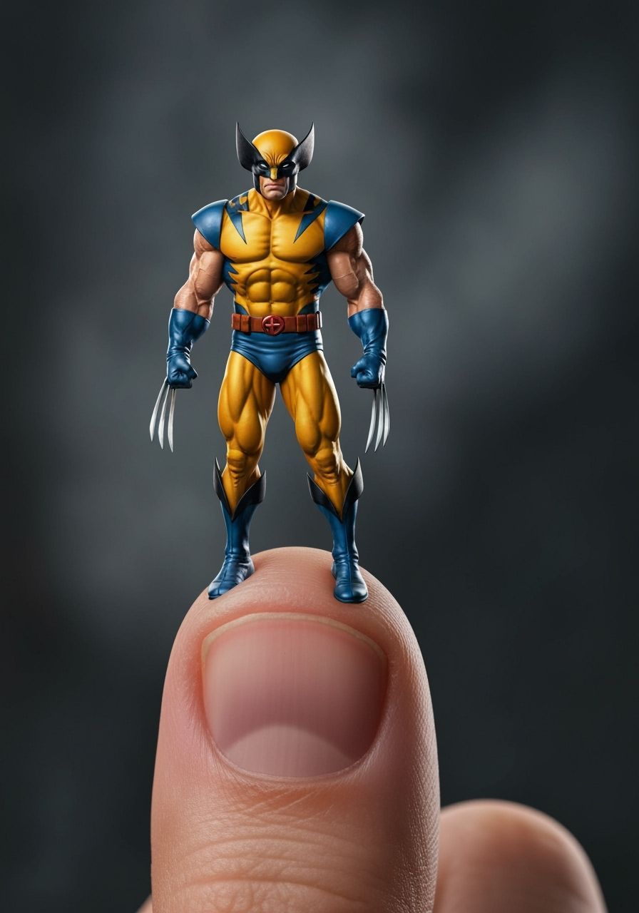 Miniature Wolverine Stands on a Human Thumb