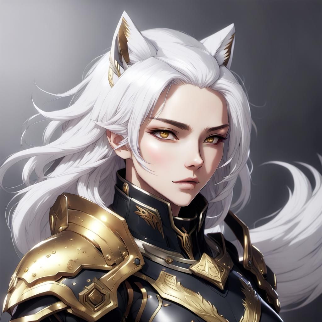 Anime Fox Girl in Black and Gold Armor