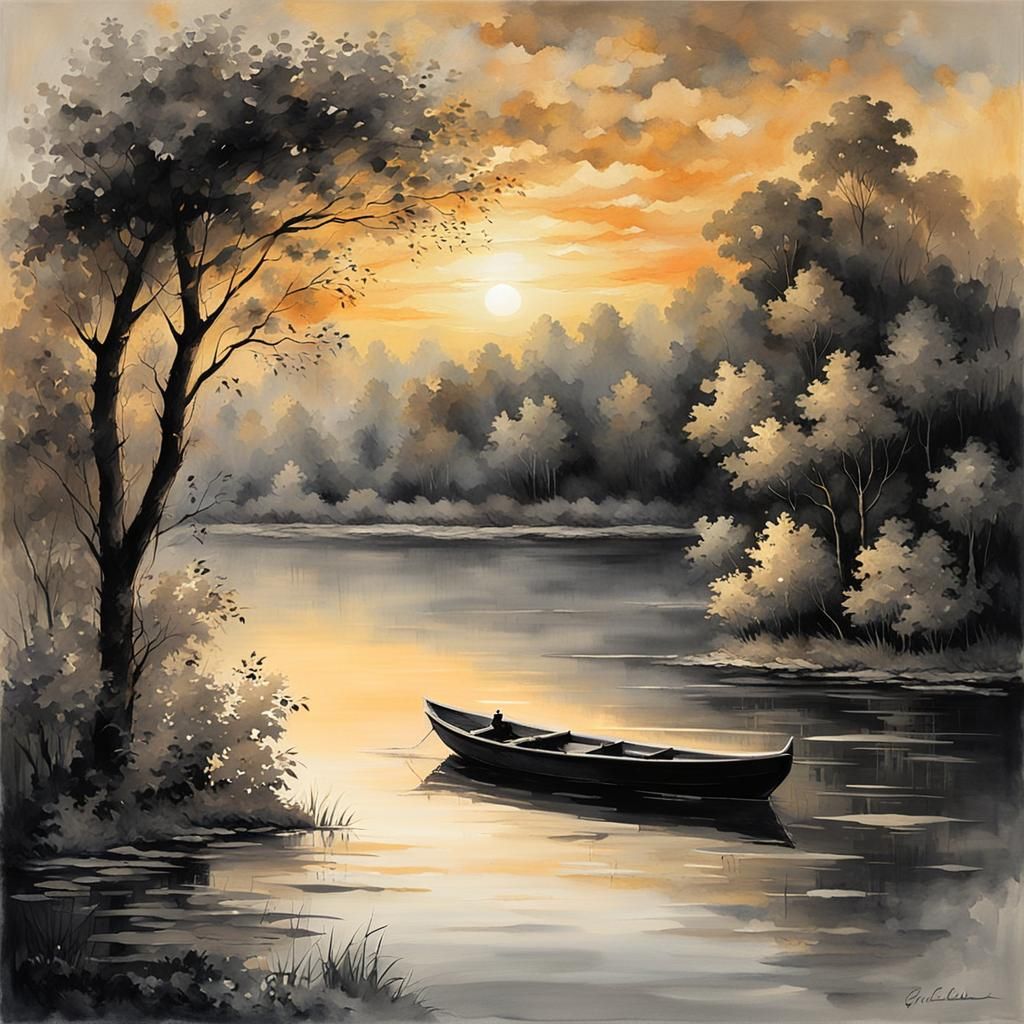 Baroque Boat on Reservoir at Sunset