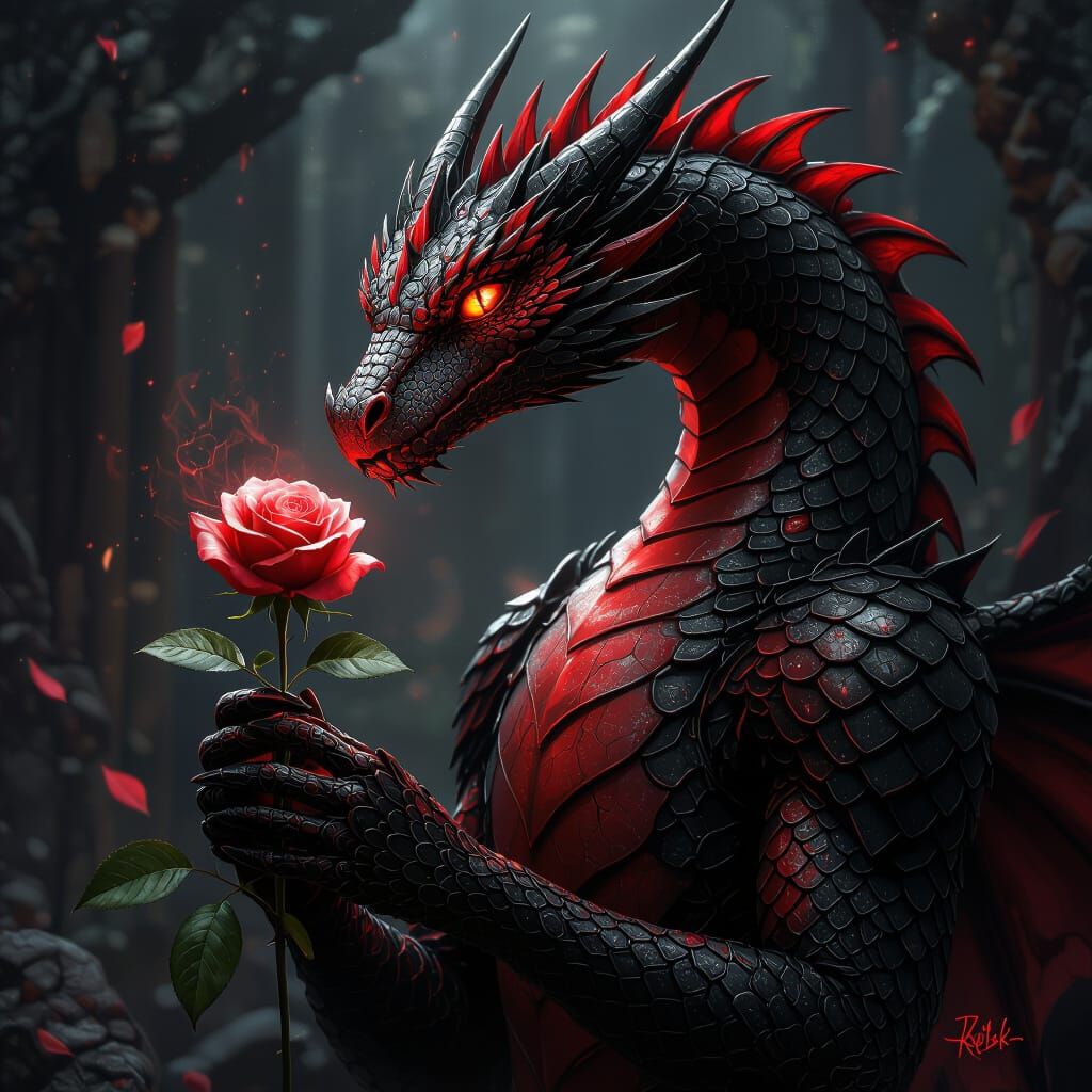Red and Black Dragon Holding a Rose