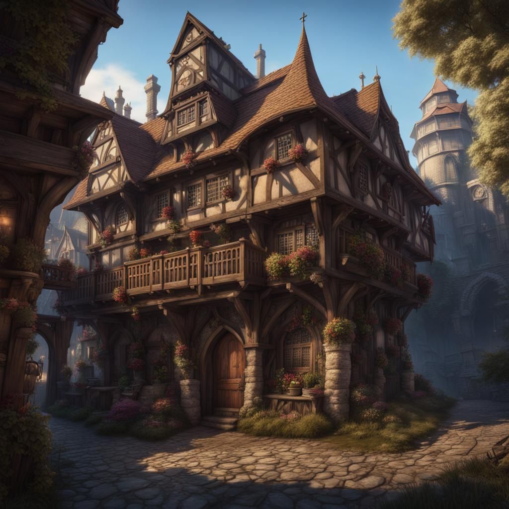 Fantasy Inn in Medieval City: Detailed Matte Painting
