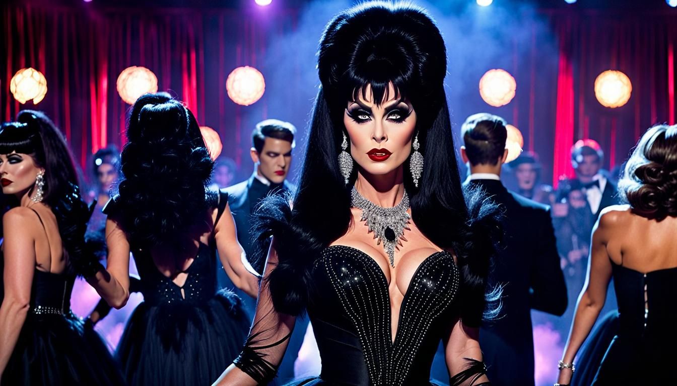 A High School Prom dance floor, Elvira, Mistress of the Dark is dancing