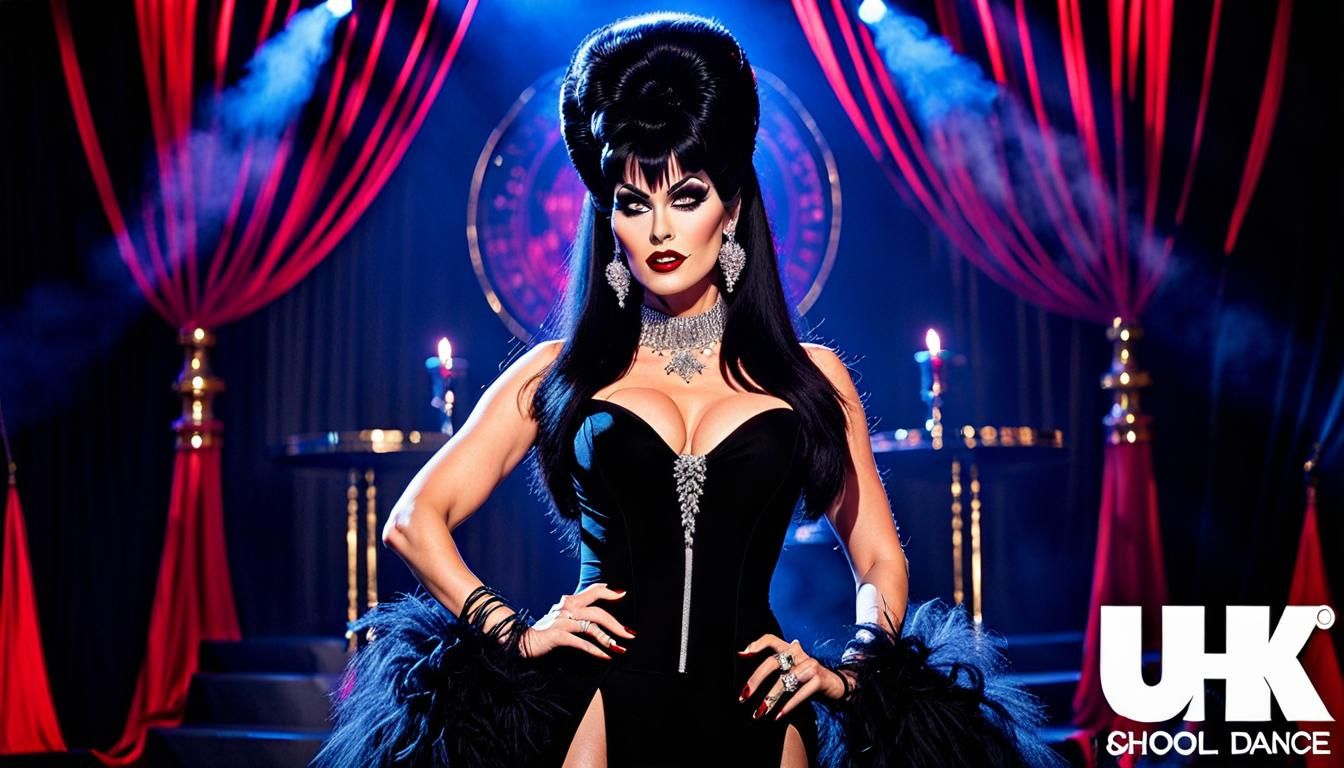 A High School Prom dance floor, Elvira, Mistress of the Dark is dancing