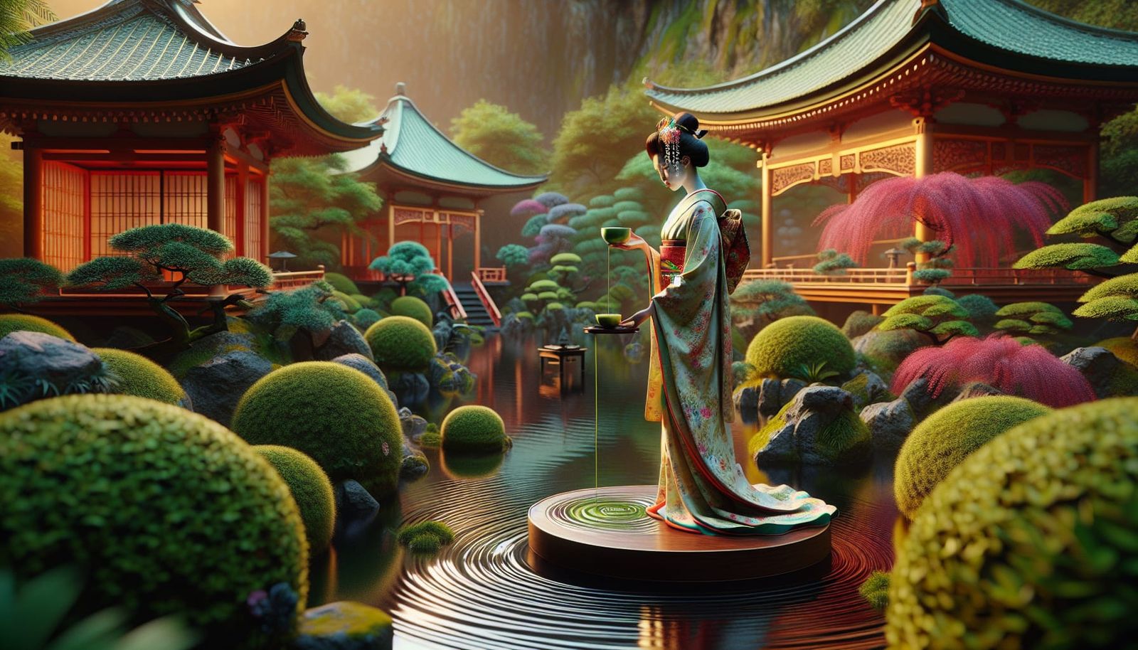 Geisha Balancing Matcha Bowl in Orientalist Garden