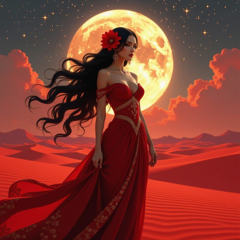 Celestial Goddess in Fiery Desert, Art Nouveau Style