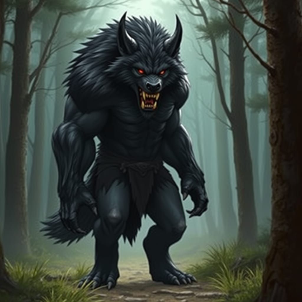 Muscular Beastman Werewolf Stands in the Woods with Red Eyes