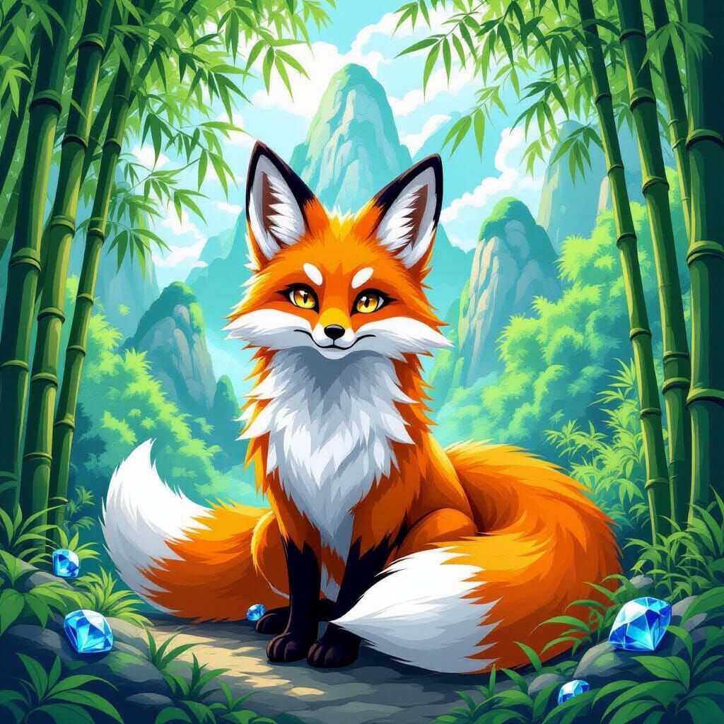 Nine-Tailed Fox in Jade Mountain, Pokemon Style