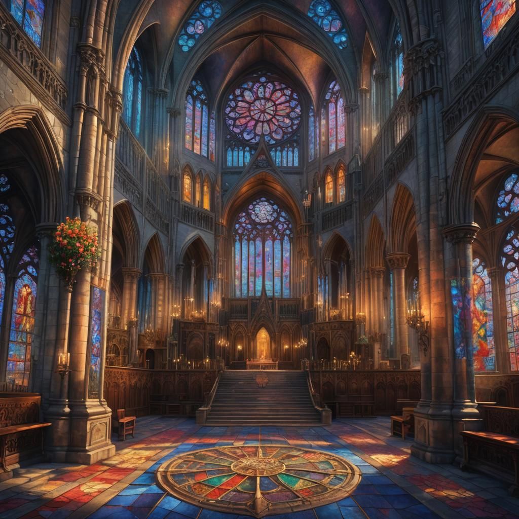 Gothic Cathedral at Sunset, Vibrant Oil Painting