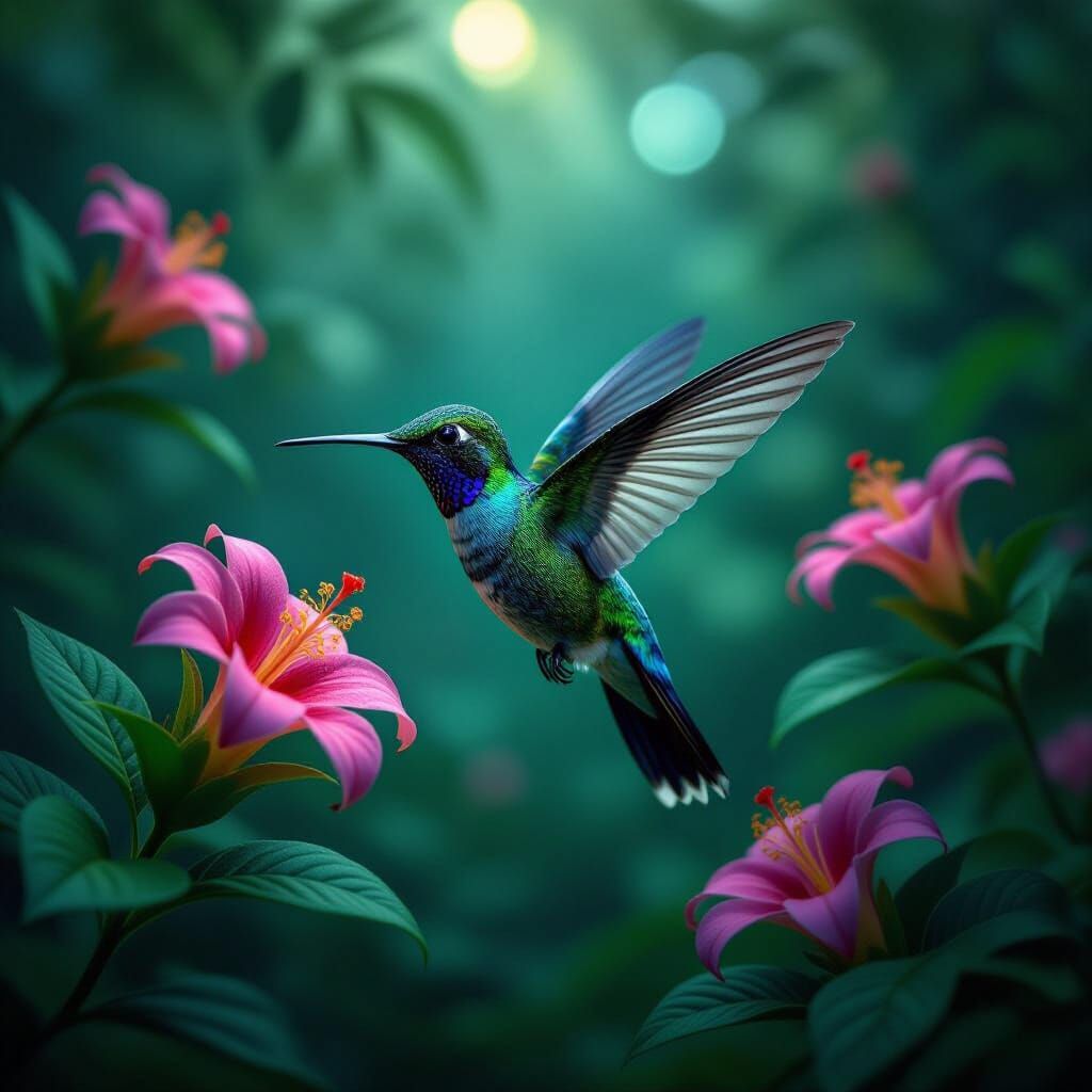 Bioluminescent Hummingbird in Alien Jungle, Surreal Photogra...